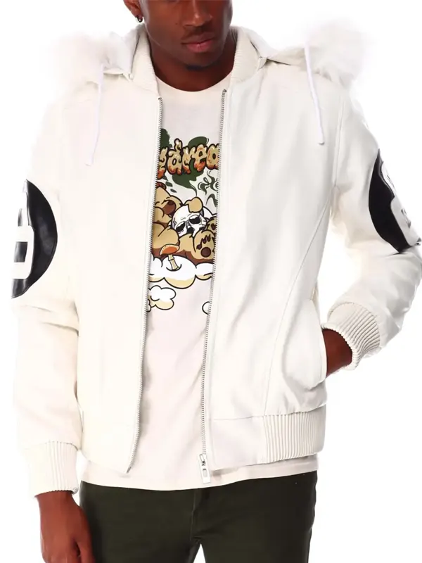 White 8 Ball Hooded Bomber Leather Jacket