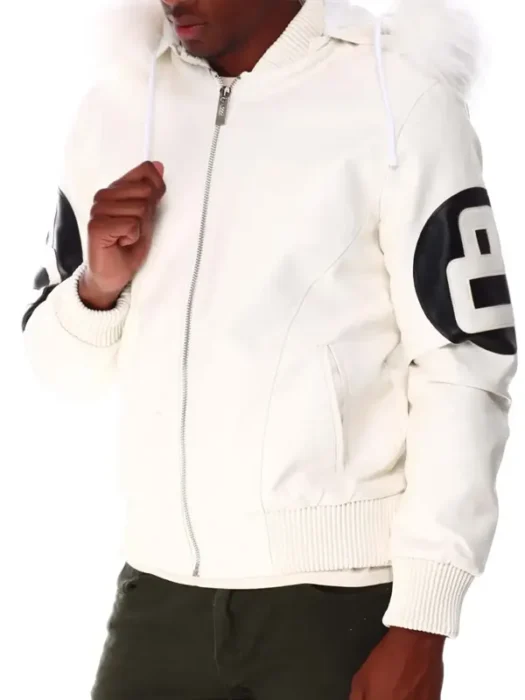White 8 Ball Hooded Leather Jacket