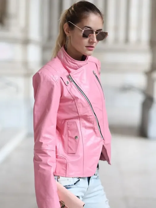 Women Brando Pink Leather Jacket