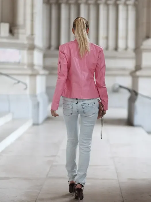 Women Pink Brando Genuine Leather Jacket Back