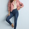 Women Pink Faux Biker Leather Jacket