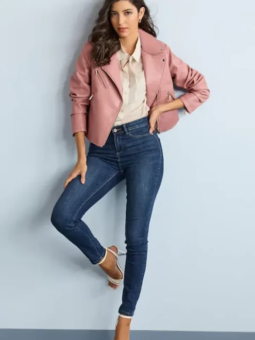 Women Pink Faux Biker Leather Jacket