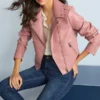 Women Pink Faux Leather Biker Jacket