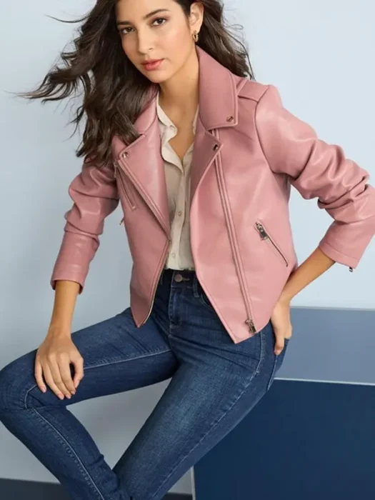 Women Pink Faux Leather Biker Jacket