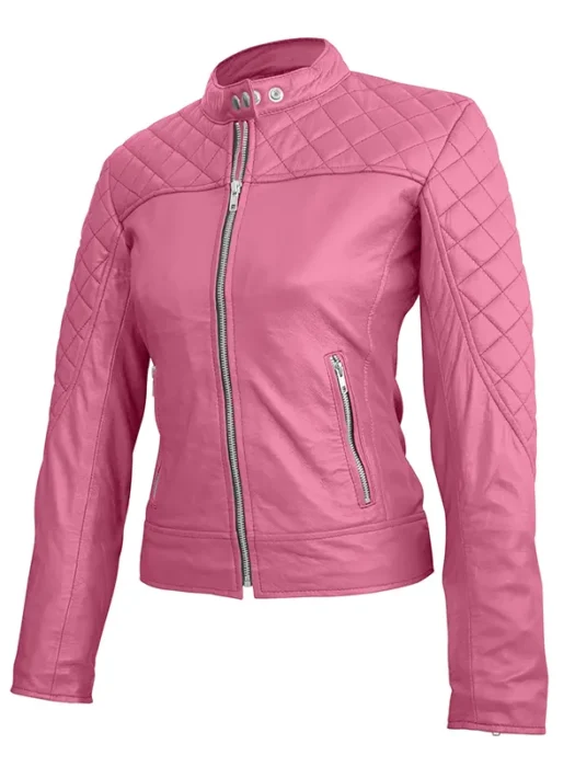 Women Pink Quilted Genuine Leather Jacket