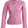 Women Pink Spike Skeleton Studs Genuine Leather Jacket