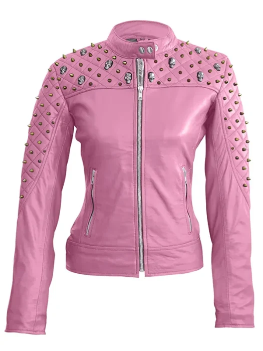Women Pink Spike Skeleton Studs Genuine Leather Jacket