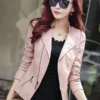 Women Stylish Streetwear Leather Skirt Pink Jacket