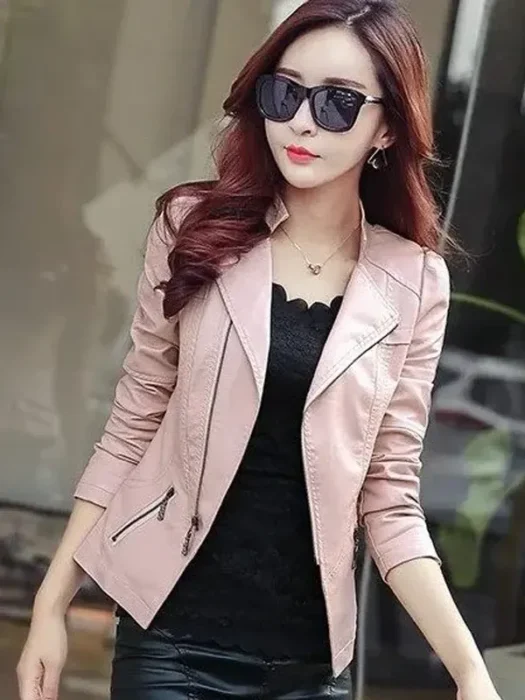 Women Stylish Streetwear Leather Skirt Pink Jacket