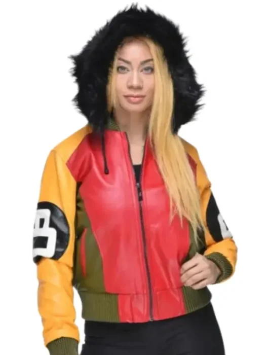 Womens 8 Ball Bomber Hooded Leather Jacket