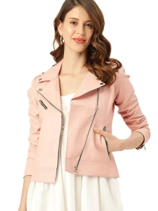 Womens Light Pink Solid Full Sleeve Biker Jacket