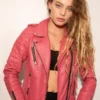 Womens Quilted Pink Leather Motorcycle Jacket