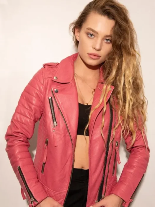 Womens Quilted Pink Leather Motorcycle Jacket