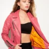 Womens Quilted Pink Leather Motorcycle Jacket inside
