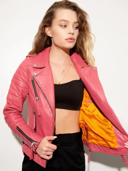 Womens Quilted Pink Leather Motorcycle Jacket inside