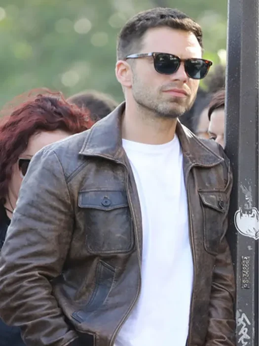 355 Movie Sebastian Stan Distressed Brown Leather Jacket