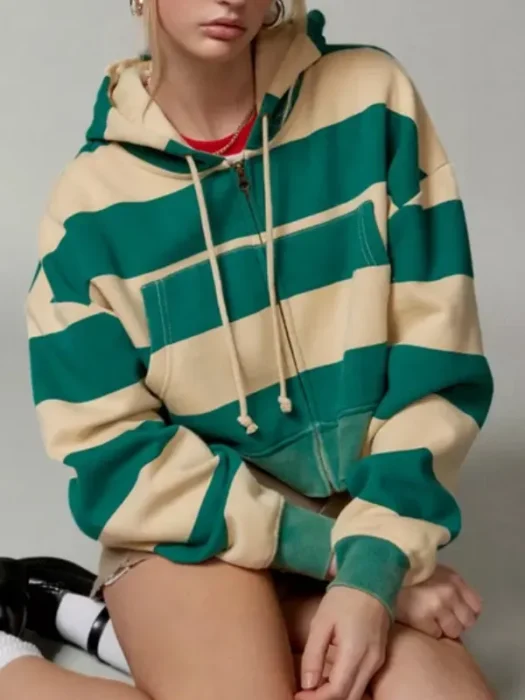 Cobra Kai S6 Oona O’Brien Green Striped Zip-Up Hood­ie