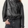 Clay Funnel Neck Cropped Black Leather Jacket