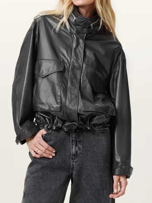 Clay Funnel Neck Cropped Black Leather Jacket