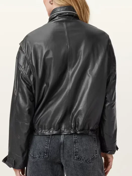 Clay Funnel Neck Cropped Leather Jacket Back