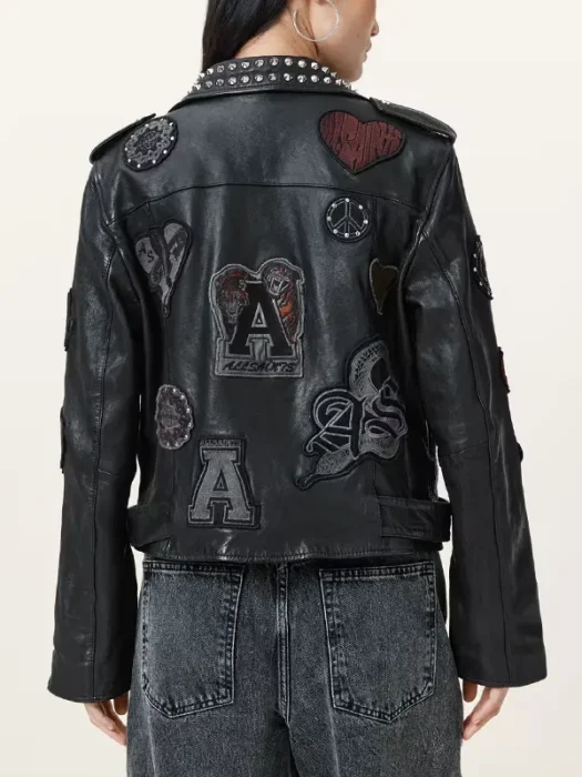 College Relaxed Fit Leather Biker Jacket Back