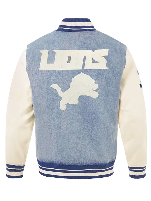 NFL DETROIT LIONS VARSITY BLUES BLUE DENIM VARSITY JACKET