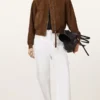 Orten Cognac Brown Suede Bomber Jacket