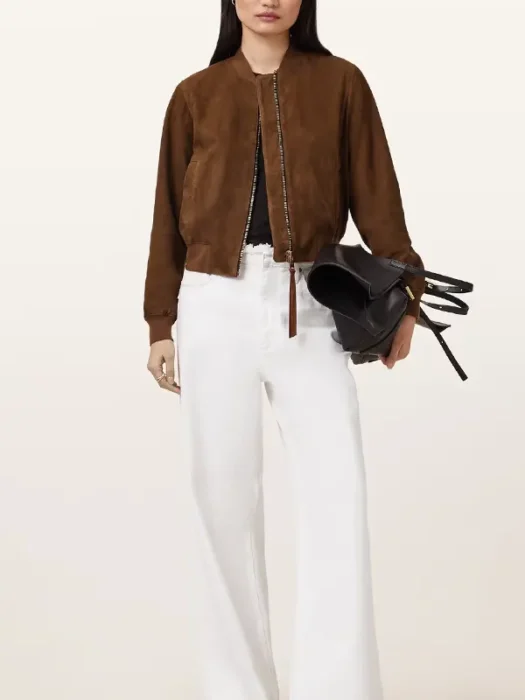 Orten Cognac Brown Suede Bomber Jacket