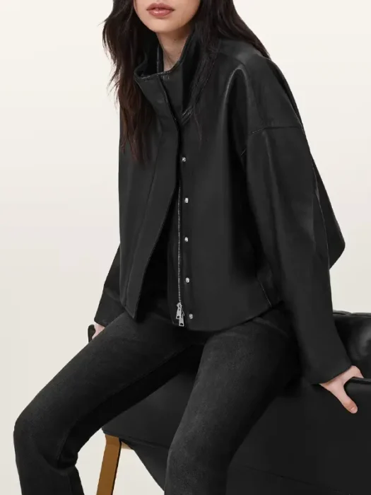 Ryder Funnel Neck Black Leather Jacket