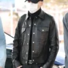 BTS Airport Fashion Suga Black Trucker Black Leather Jacket