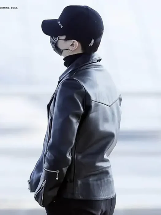 BTS Suga Black Biker Leather Jacket Back