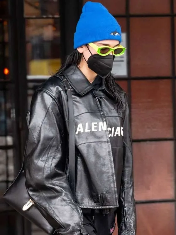 Dua Lipa Balenciaga Black Leather Jacket