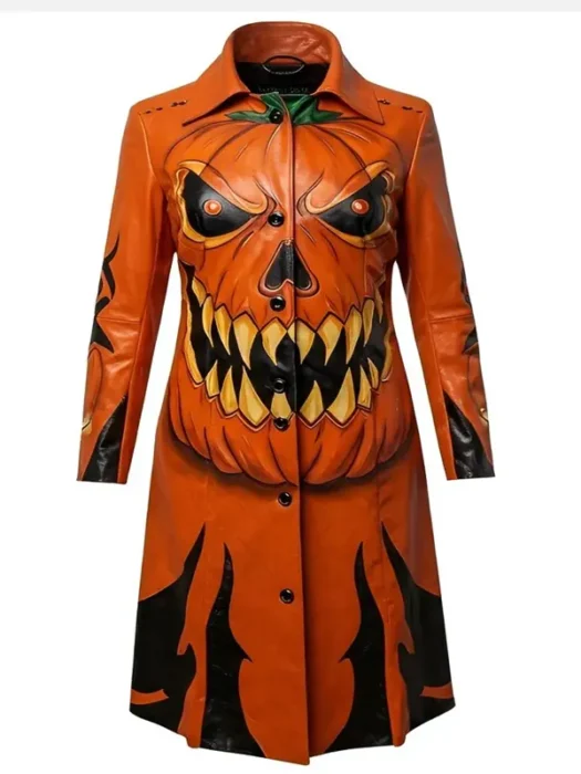 Halloween Costume Orange Leather Trench Coat