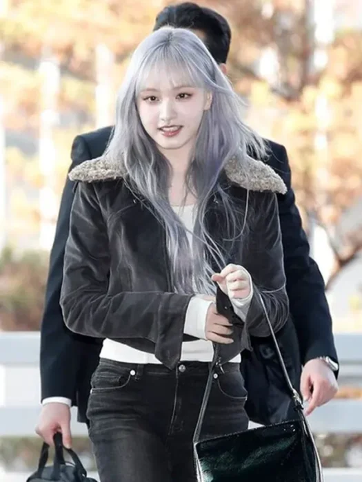 IVE Liz Black Fur Collar Suede Black Leather Jacket