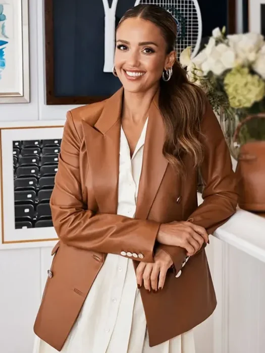 Jessica Alba Tennis Championships Brown Leather Blazer