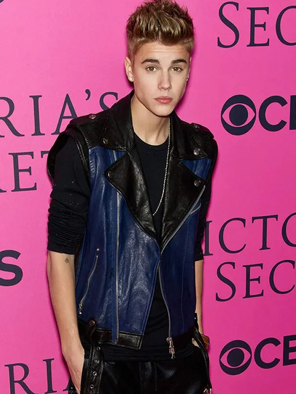 Justin Bieber Asymmetrical Zipper Black and Blue Leather Vest
