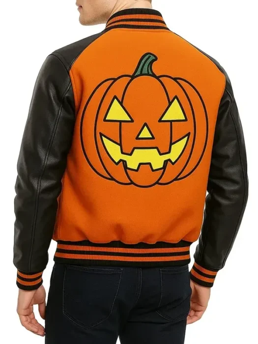 Pumpkin Crew Black and Orange Varsity Jacket Back