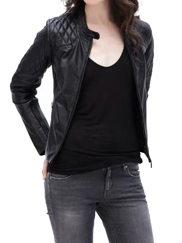 Women’s FJ078 Quilted Black Leather Motorcycle Jacket