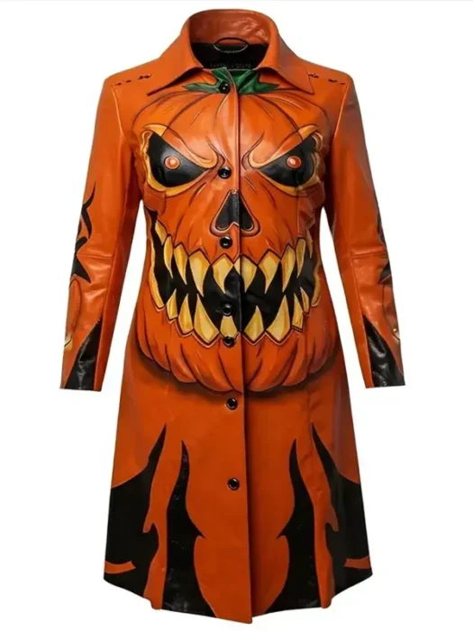 Womens Halloween Orange Leather Trench Coat