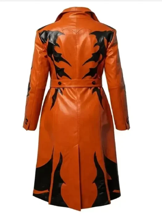 Womens Halloween Orange Leather Trench Coat Back