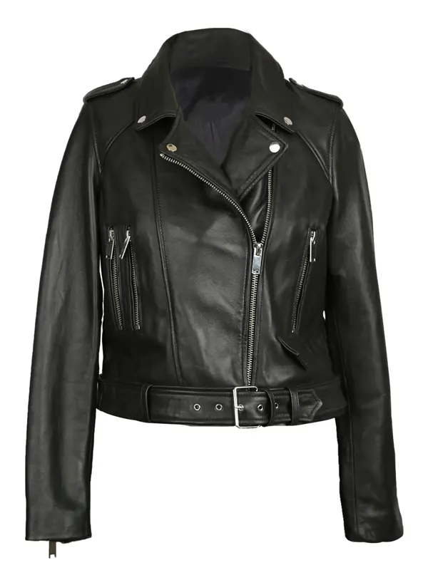 Aria Belted Biker Black Leather Jacket
