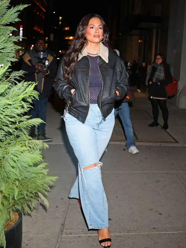 Ashley Graham Black Bomber Leather Jacket