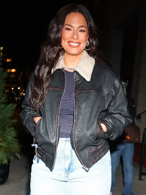 Ashley Graham Black Leather Bomber Jacket