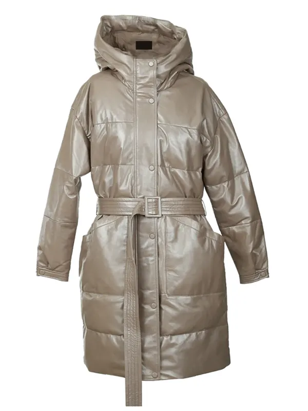 Aurora Belted Leather Puffer Long Coat