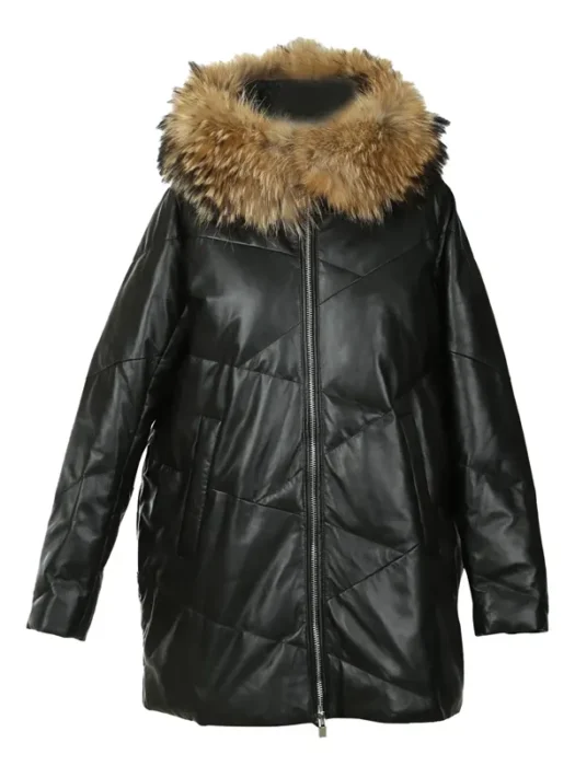 Detachable Hood Real Fur Leather Puffer Coat