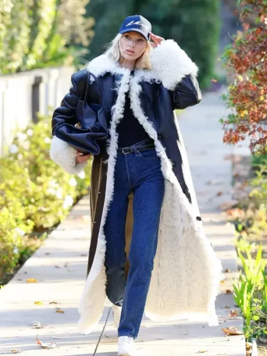 Elsa Hosk Black Shearling Leather Coat
