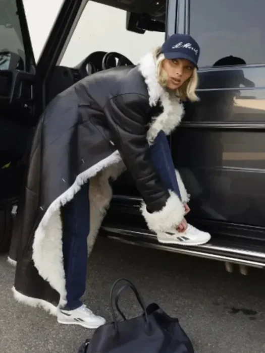 Elsa Hosk Shearling Black Leather Coat