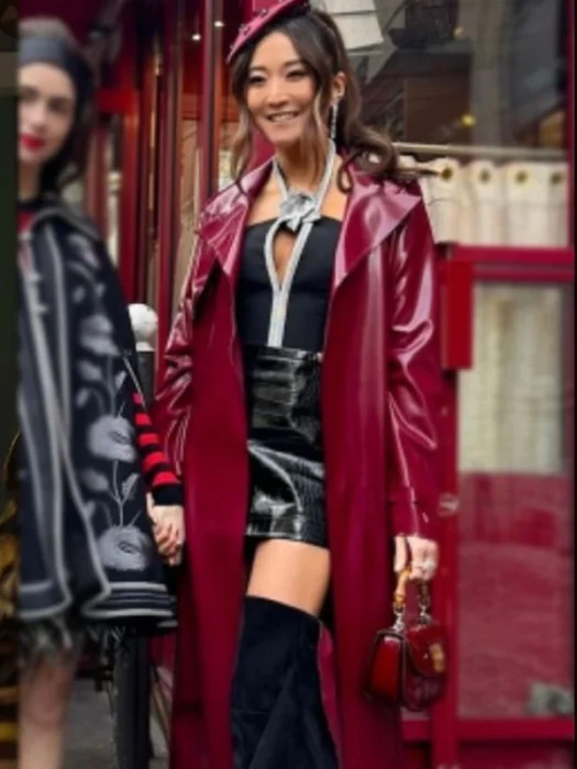Emily In Paris Mindy Chen Maroon Leather Coat