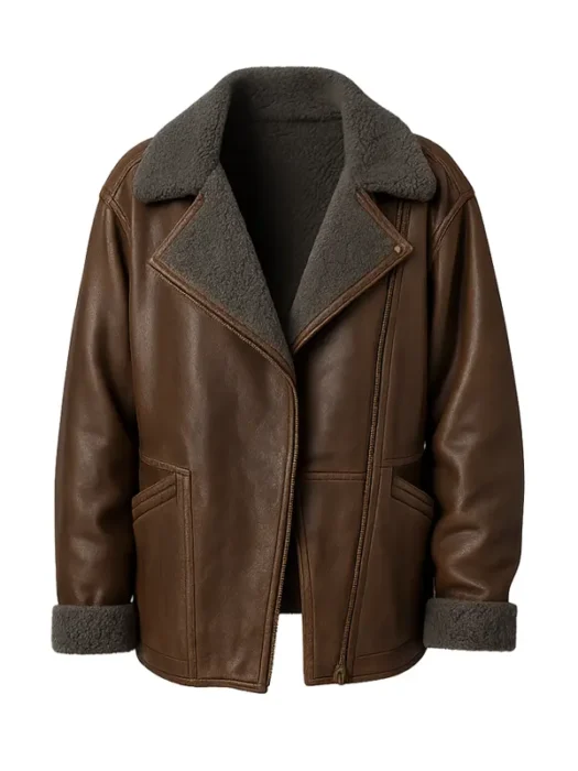 Emma Mackey Ella McCay Brown Shearling Leather Jacket