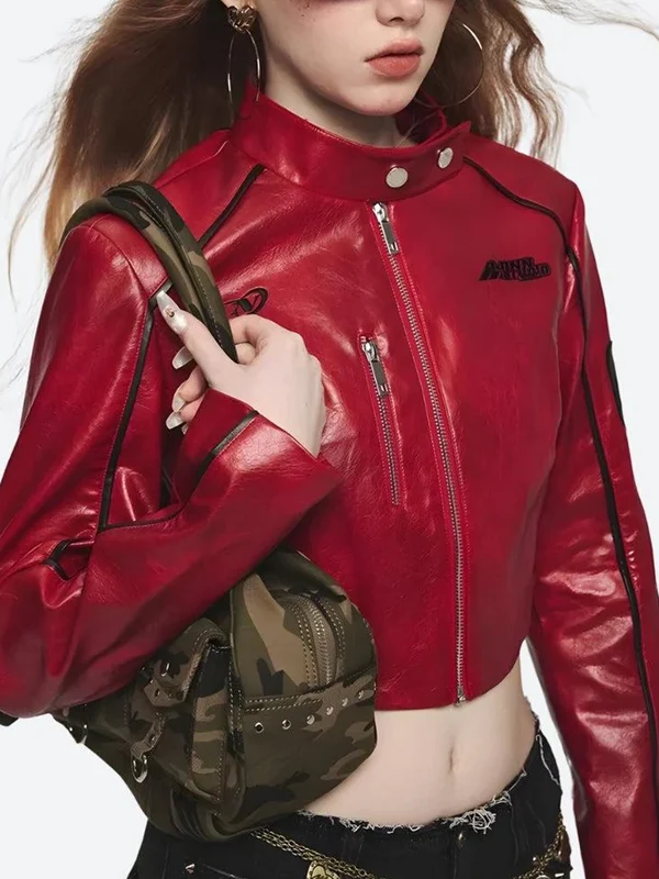 Faux Leather Red Biker Jacket